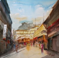 Shaima umer, Market in Murree, 14 x 14 Inch, Water Color on Paper, Cityscape Painting, AC-SHA-023